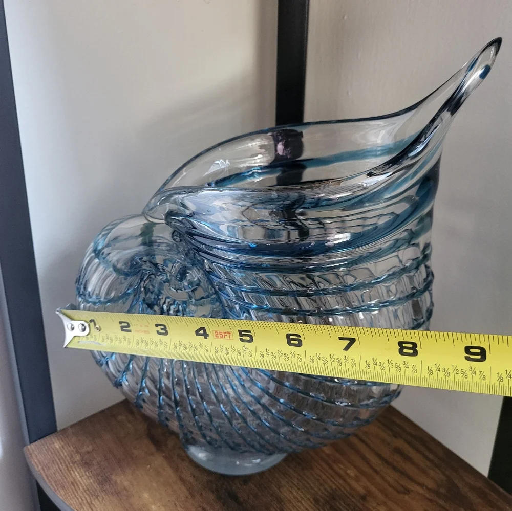 Blown Glass Blue Shell Conch Beach Nautilus Vase Statement Decor Whimsical